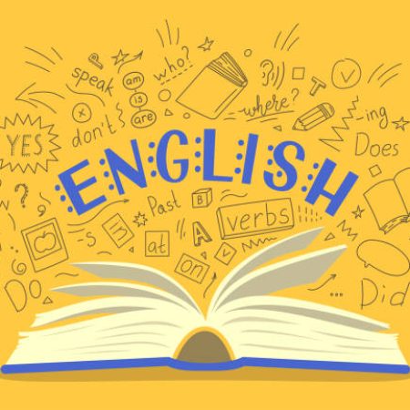 English. Open book with language hand drawn doodles and lettering on yellow background. Education vector illustration.
