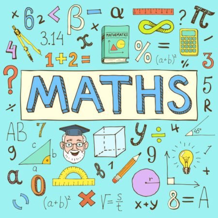 Maths hand drawn colorful vector illustration with doodle mathematical formulas, numbers and objects, isolated on blue background.